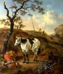 Pieter Verbeeck - A White Horse standing by a Sleeping Man